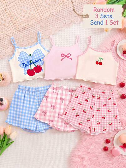 Conjunto de camiseta y pantalones cortos con estampado de lazos y cerezas en color azul bebé, conjunto informal de niña con ajuste ceñido, top de tirantes y pantalones cortos con estampado de dibujos animados, adecuado para el verano en casa, conjunto de camiseta, conjunto de camiseta y pantalones cortos, cómodo y relajado, estilo femenino