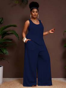 Slaydiva Conjunto de 2 piezas de mujer talla grande de primavera/verano 2025 - Estilo vintage, tropical, festival de música, club, viaje por carretera, casual, de ciudad, vacaciones, graduación, elegante: Top sin mangas de tela transparente y texturada con cuello en U y pantalones palazzo de cintura elástica - Azul Marino - Ver 6