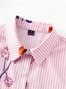 GlowEve Loose Short Sleeve Collared Shirt With Cuff Turnup, Striped Faux Embroidered Floral Pattern For Women - Pink - View 3