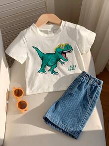 SHEIN 2件組男嬰夏季休閒可愛恐龍上衣T恤與藍色條紋牛仔短褲套裝 恐龍套裝 可愛T恤套裝 嬰兒套裝 - 彩色 - 查看 8