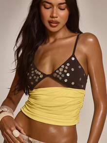 MUSERA Embellished Shell Button Bust Cut Out Front Ruched Fitted Top Cute Summer Spring Sexy Tropical Going Out Club Beach Holiday Vacation Y2K Yellow - Yellow - View 2