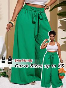 SHEIN CURVE+ 女士大码休闲度假风纹理条纹绿色直筒裤 春夏款 - 綠色 - 查看 1