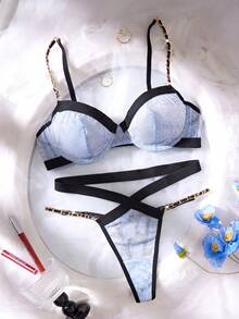 Napfluff 2pcs Denim Effect-Look Women's Lingerie Set, Metal Chain Sexy Bra And Panty Set - Multicolor - View 6