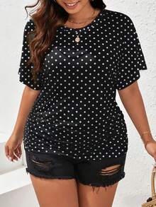 SHEIN Frenchy Áo thun nữ cỡ lớn cổ tròn màu đen họa tiết chấm bi, kiểu dáng thường ngày, áo đen, áo thun mùa hè, trang phục mùa hè, quần áo mùa hè - Đen và trắng - Xem 4
