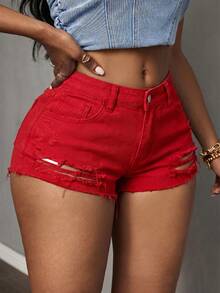 Slaydiva Plus Size Women Distressed Pocket Button Denim Shorts - Red - View 2