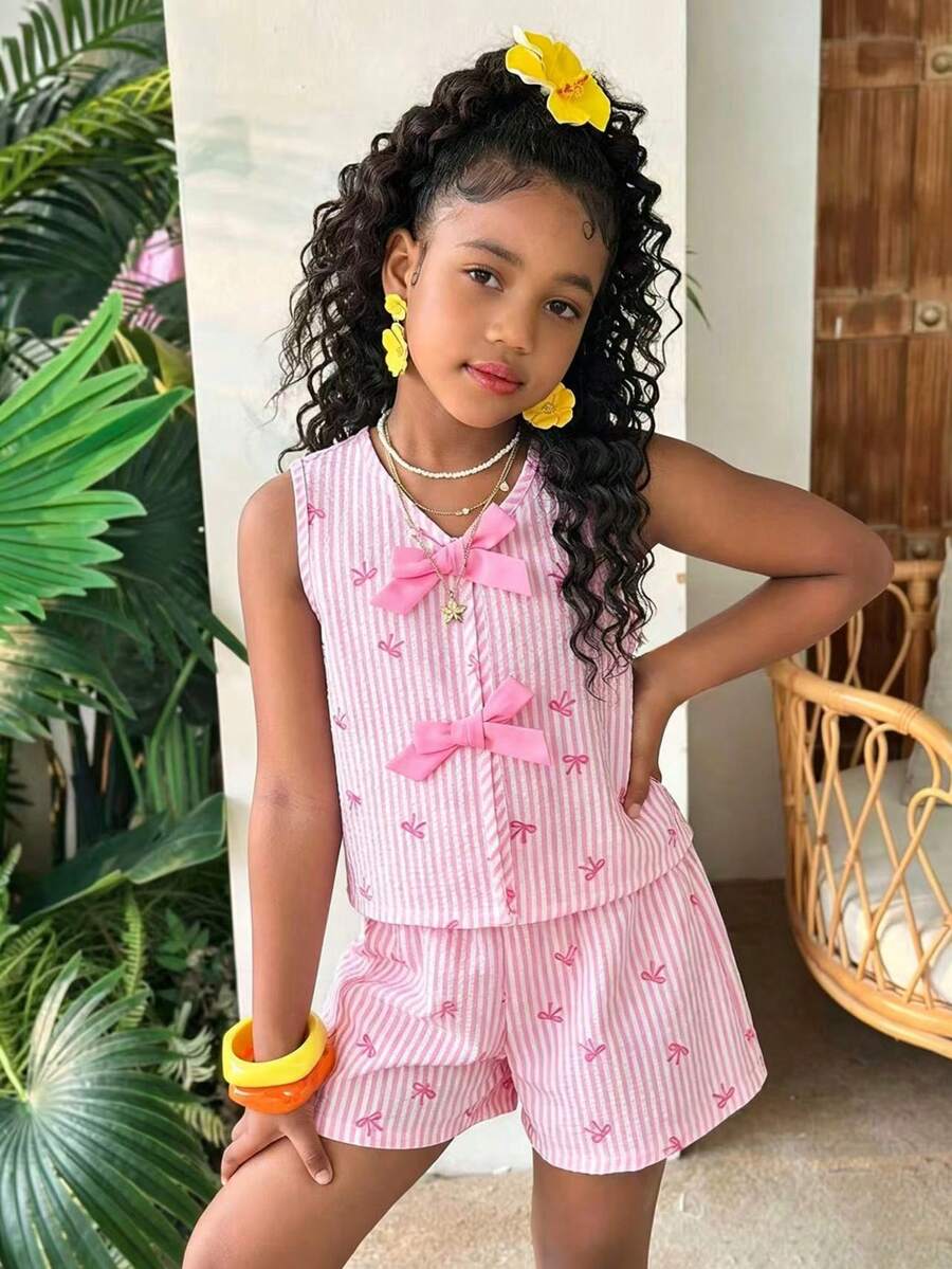 2pcs Tween Girls Casual Round Neck Textured Fabric Bow Back Tank Top And Shorts Set - Multicolor - View 1