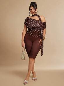 SHEIN BAE Plus Size Women's Chocolate Brown Polka Off-Shoulder Capri Set, Elegant Summer 2 Piece Knitted Stretch Outfit, Night Out Vacation 3/4 Legging Sets - Brown - View 3