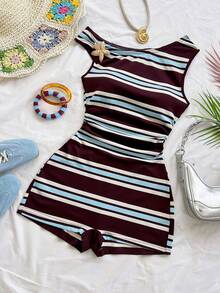 Soleia Bộ jumpsuit nữ kiểu dáng thường ngày, kẻ sọc, gợi cảm, bất đối xứng vai, đính sao biển và kim loại trang trí, thích hợp cho đi biển, du thuyền, nghỉ mát thành phố, kỳ nghỉ, hẹn hò, tiệc trà chiều, lễ hội âm nhạc. - Nhiều màu - Xem 3