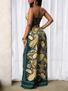 BamGleam Bộ đồ 2 mảnh phong cách Bohemian họa tiết Paisley hạt điều, không dây vai, vạt áo bất đối xứng và quần ống rộng cạp chun, thích hợp mặc đi biển hàng ngày cho nữ, mùa xuân/hè. - màu xanh lá - Xem 2