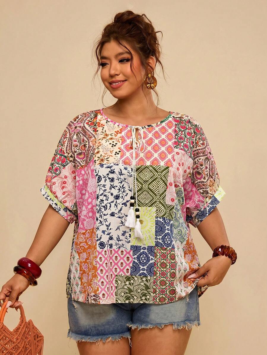 Travachic 大码女式圆领印花休闲百搭日常衬衫 - 彩色 - 查看 1