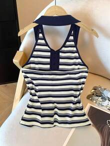 Airaco Top sin espalda con cuello de halter a rayas, estilo francés, para mujer. Ideal para el verano, adelgazante y rejuvenecedor - Azul Marino - Ver 5