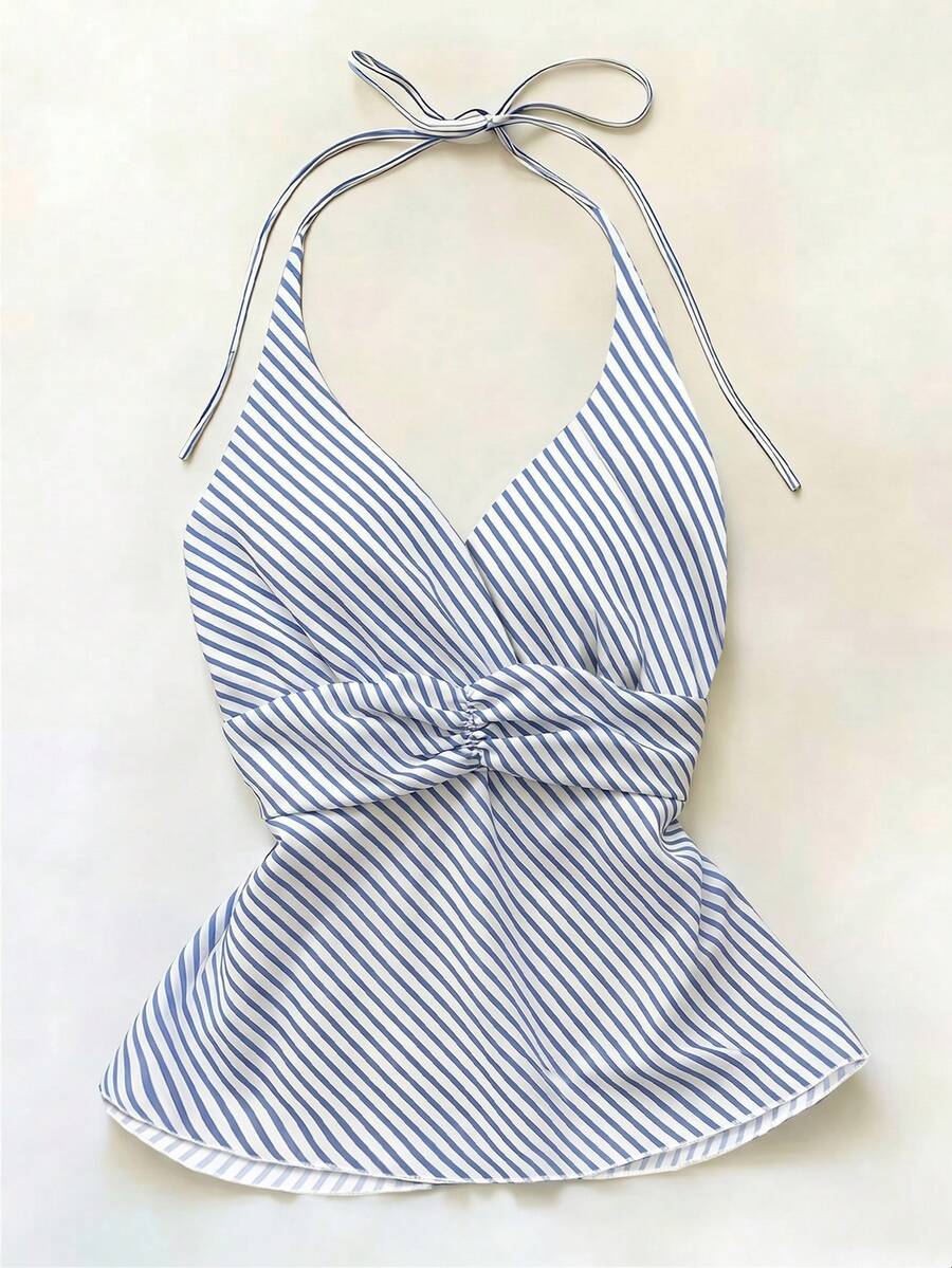 SHEIN Top elegante romántico retro con estampado floral y decoración de strass, corte A y cuello halter para mujer - Azul - Ver 1