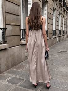 SHEIN PariChic Vestido largo de satén con adorno de encaje en contraste, estilo francés, para atuendos de verano para mujeres - Albaricoque - Ver 2