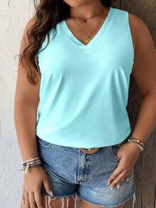 Ceyna Plus Size Casual Solid Color V-Neck Loose Tank Top, Summer - Mint Blue - View 4