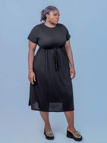 CurvyTilda Damen Kleid in Große Größen, Sommer Outfit leok, einfarbig, mit Taillengurt, A-Linie (mit Taschen), langarm - Schwarz - Übersicht 3