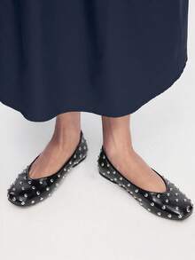 Mnmlis Women's Fashion Square Toe Rivet Decorative Flat Sole Shoes Daily Commute Party Comfortable And Versatile - Black 1 - View 2