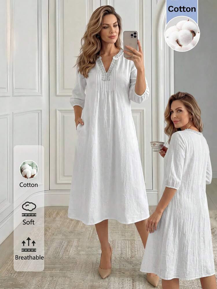 Mother's White Collar Splice Knitted Mid-Length Casual Dress, Comfortable Cotton Fabric, Suitable For Daily Gathering, Beach Vacation, New Arrival