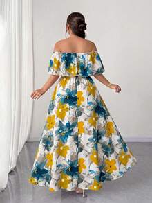 Elenzga Maxikleid in Große Größen für Damen, Frühling/Sommer Neuheit mit Blume Muster, Off-Shoulder Rüschensaum, romantisch sexy mit geraffter Taille. Geeignet für romantische Urlaubsreisen, Dates, Reisen, städtische Ausflüge, Musikfestivals und romantische Anlässe. - Verschiedenfarbig - Übersicht 2