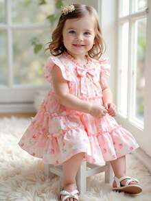 SHEIN Vestido de niña pequeña de estilo casual con estampado floral y decoración de lazo, adecuado para primavera, verano, otoño, uso en casa, vacaciones, fiestas y uso diario - Multicolor - Ver 8