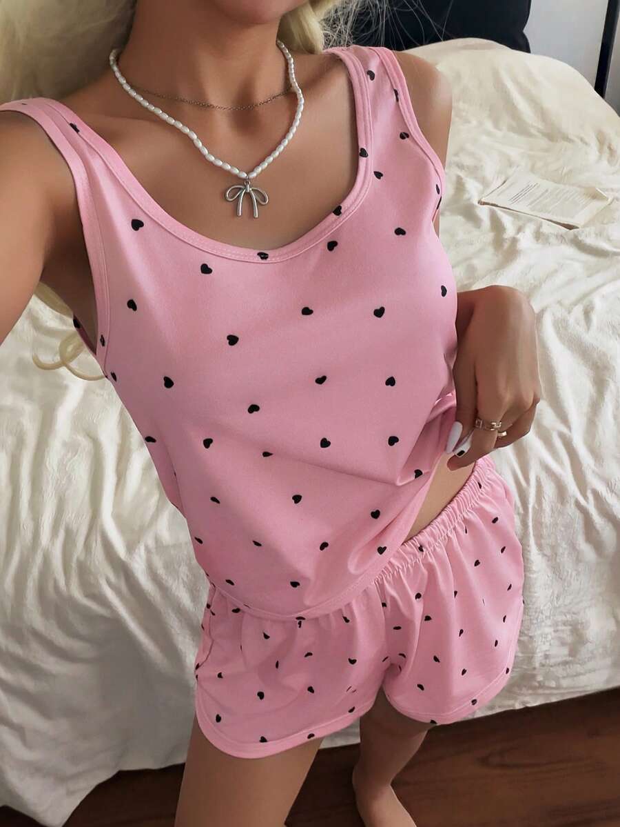 SHEIN Casual Underwear&Sleepwear 女士休闲针织吊带背心和短裤睡衣套装,心形印花 - 彩色 - 查看 1