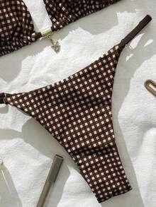 Elavelle Bikini Halter Motif Kotak-kotak Cokelat untuk Wanita dengan Tali Pengikat di Belakang dan Bagian Bawah Model Thong - Coklat - View 6
