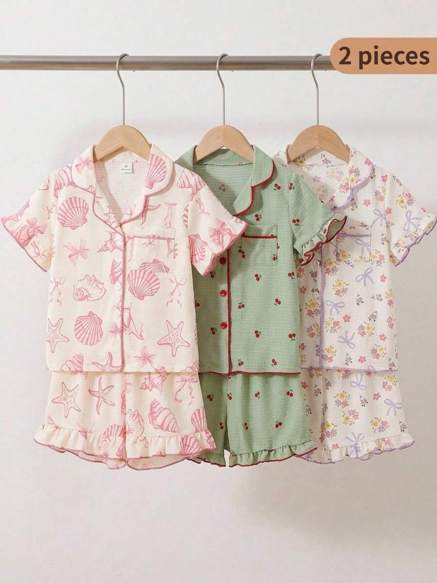 SHEIN Playful Pals 女童睡衣套装，舒适时尚的海洋元素印花，荷叶边下摆，优雅短袖上衣和短裤两件套家居服 - 杏色 - 查看 1