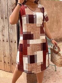 EMERY ROSE Plaid Patchwork Print V-Neck Button Decor Plus Size Dress - Purple - View 5