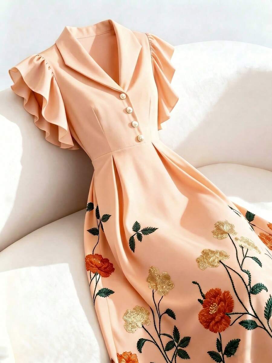 GlowEve 女士杏色花卉印花领珍珠纽扣腰部A字喇叭袖设计,魅力优雅甜美可爱,适合日常度假通勤时尚约会法式街头复古百搭春夏杏色新款喇叭袖中长连衣裙 - 橘色 - 查看 1