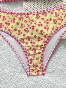 SHEIN Bộ bikini cho bé gái tuổi teen, mẫu mới mùa hè, 2 mảnh, họa tiết hoa và kẻ caro ngẫu nhiên, áo và quần bikini tam giác buộc dây cổ, đồ bơi đi biển. - Nhiều màu - Xem 3