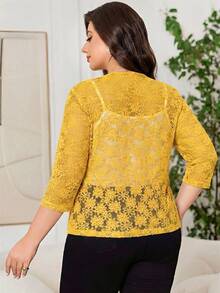Reflora Chaqueta ligera y elegante de unicolor con bordado transparente, talla grande, para primavera/verano - Amarillo - Ver 2
