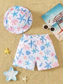 SHEIN Pantalones cortos con estampado total y cintura elástica con gorra a juego para niño - Blanco - Ver 2