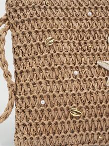 SHECARRY 1Pc Bohemian Vacation Style Corn Husk Woven Clutch, Rhinestone ,Starfish, Coconut Tree Decor, Women's Evening Bag,Spring Summer Resort Woven Clutch, Starfish & Pearl & Shell Decor, Corn Husk Handbag For Women - Multicolor F - View 7