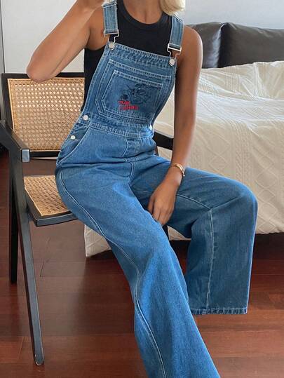 TOM AND JERRY X DAZY Jeans con tirantes para mujer con bordado de dibujos animados estilo coreano, peto y mono