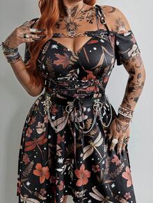 Whyspr Women's Plus Size Punk Witch Grunge Style Dress, Vintage Brown Floral Print Mesh Ribbon Decor A-Line Maxi Dress, Loose Fit Summer Boho Holiday Outfit - Multicolor - View 5