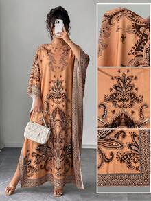 Elenzga Đầm dáng rộng in họa tiết tay cánh dơi cổ tròn cỡ lớn, thích hợp cho kỳ nghỉ và các buổi tụ họp, phù hợp cho người có thân hình mũm mĩm. - màu nâu - Xem 1