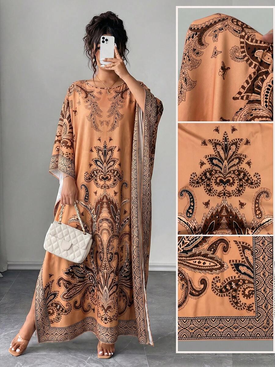 Elenzga Đầm dáng rộng in họa tiết tay cánh dơi cổ tròn cỡ lớn, thích hợp cho kỳ nghỉ và các buổi tụ họp, phù hợp cho người có thân hình mũm mĩm. - màu nâu - Xem 1