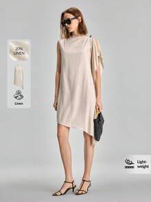 Ontre Đầm ngắn nữ dáng rộng, chất liệu pha lanh, kiểu dáng tối giản, thanh lịch, sang trọng, thiết kế bèo nhún, đa năng cho các dịp thường ngày, nghỉ lễ, tiệc tùng, công sở, trường học, kỳ nghỉ lãng mạn, ngày Quốc khánh, dự đám cưới, trang phục giáo viên. - Màu be - Xem 1