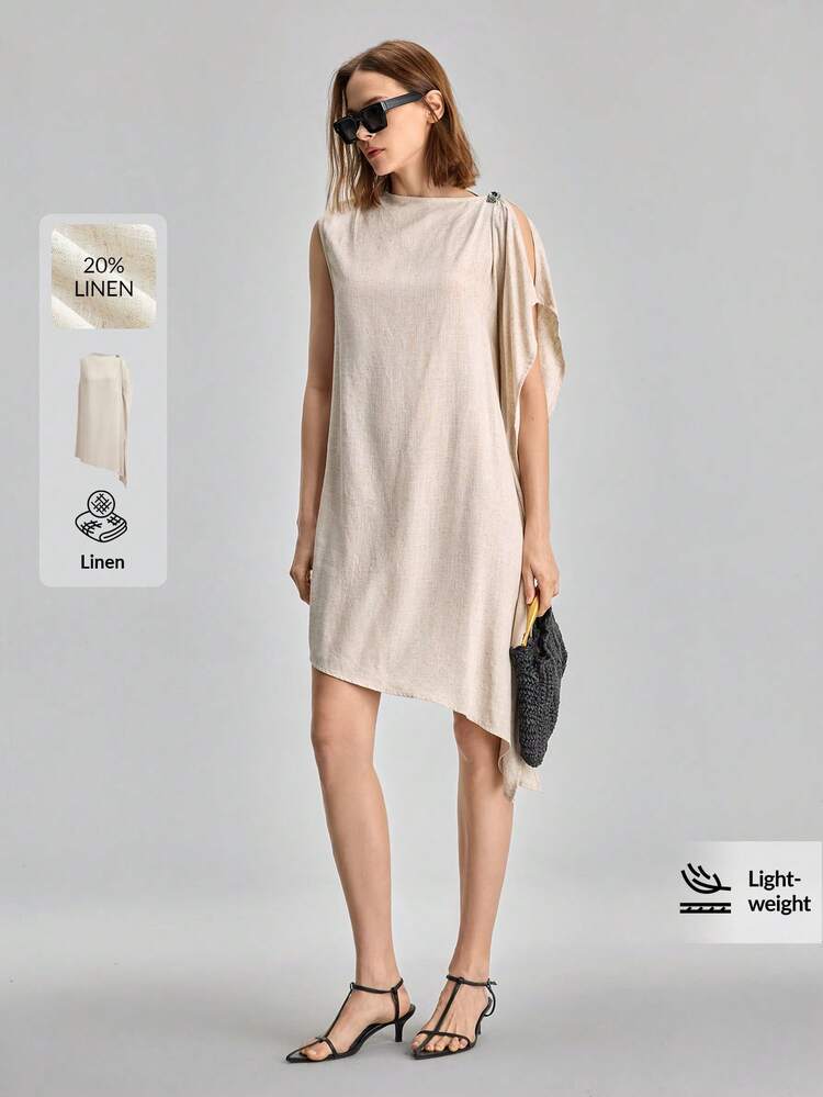 2026 SS New Linen Blend Loose Fit Women's Short Dress, Minimalist Elegant Urban Chic, Flounce Design, Versatile For Casual, Holiday, Party, Office, School, Romantic Vacation, Independence Day, Wedding Guest, Teacher Outfit,Independence Day,Asymmetric Design,Metal Button