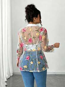 Elenzga Plus Size Women Floral Embroidery Mesh Patchwork Elegant Blazer - White - View 2