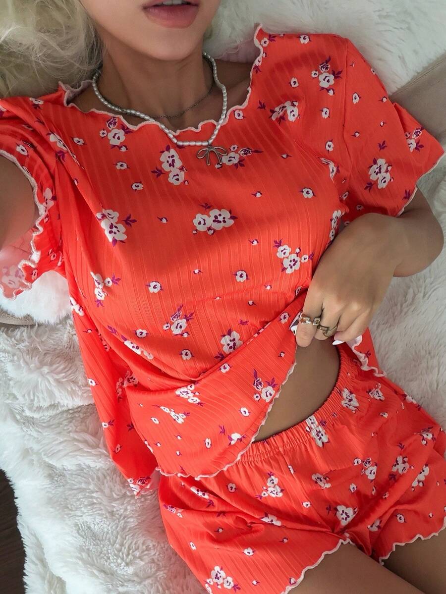 CottageSlumber Conjunto de pijama de manga corta y pantalones cortos de punto acanalado con estampado floral para mujer - Naranja - Ver 1