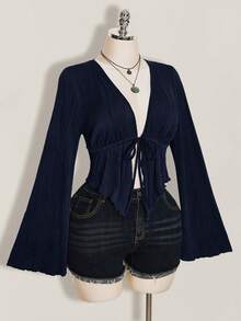 SHEIN ICON Plus Size Women Textured Black Front Tie Top - Navy Blue - View 5