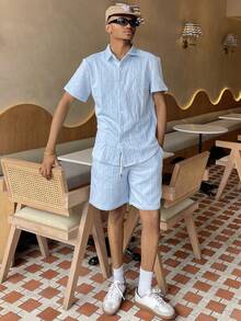 Ngobest Haus Ngobest Haus 男士度假休闲风，INS搭配时尚短袖衬衫和短裤套装，夏威夷海滩度假、音乐节和日常装扮，送给男朋友或老公的礼物。舒适的服装 - 藍色 - 查看 1