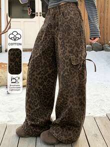 FRIFUL Jeans de pierna ancha con estampado de leopardo para mujer - Marrón - Ver 2