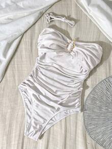 Swim Chiccia 1件純色布料搭配金屬裝飾設計，優雅性感女款連身泳衣 - 白色 - 查看 5