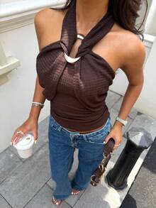 Aloruh 女士优雅金属扣装饰收腰褶皱系带吊带背心 - 棕色 - 查看 6