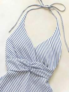 SHEIN Top elegante romántico retro con estampado floral y decoración de strass, corte A y cuello halter para mujer - Azul - Ver 3