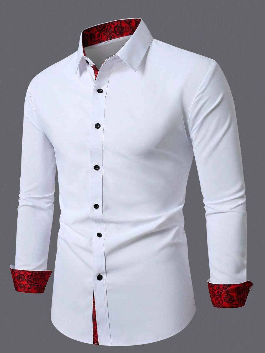 Calvornis Áo sơ mi nam tay dài họa tiết hoa phối ghép kiểu casual đi chơi, dự tiệc, xuân/thu, phong cách lịch sự - trắng - Xem 1