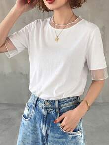 FRIFUL Women's Casual Loose Sheer Mesh See-Through Solid Color T-Shirt, Versatile For Spring And Summer - White - View 5