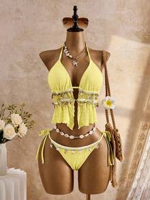 Bellisia Bộ áo croptop và tankini họa tiết jacquard họa tiết vỏ sò, thích hợp cho kỳ nghỉ hè/xuân, 26SS. - Màu vàng - Xem 1