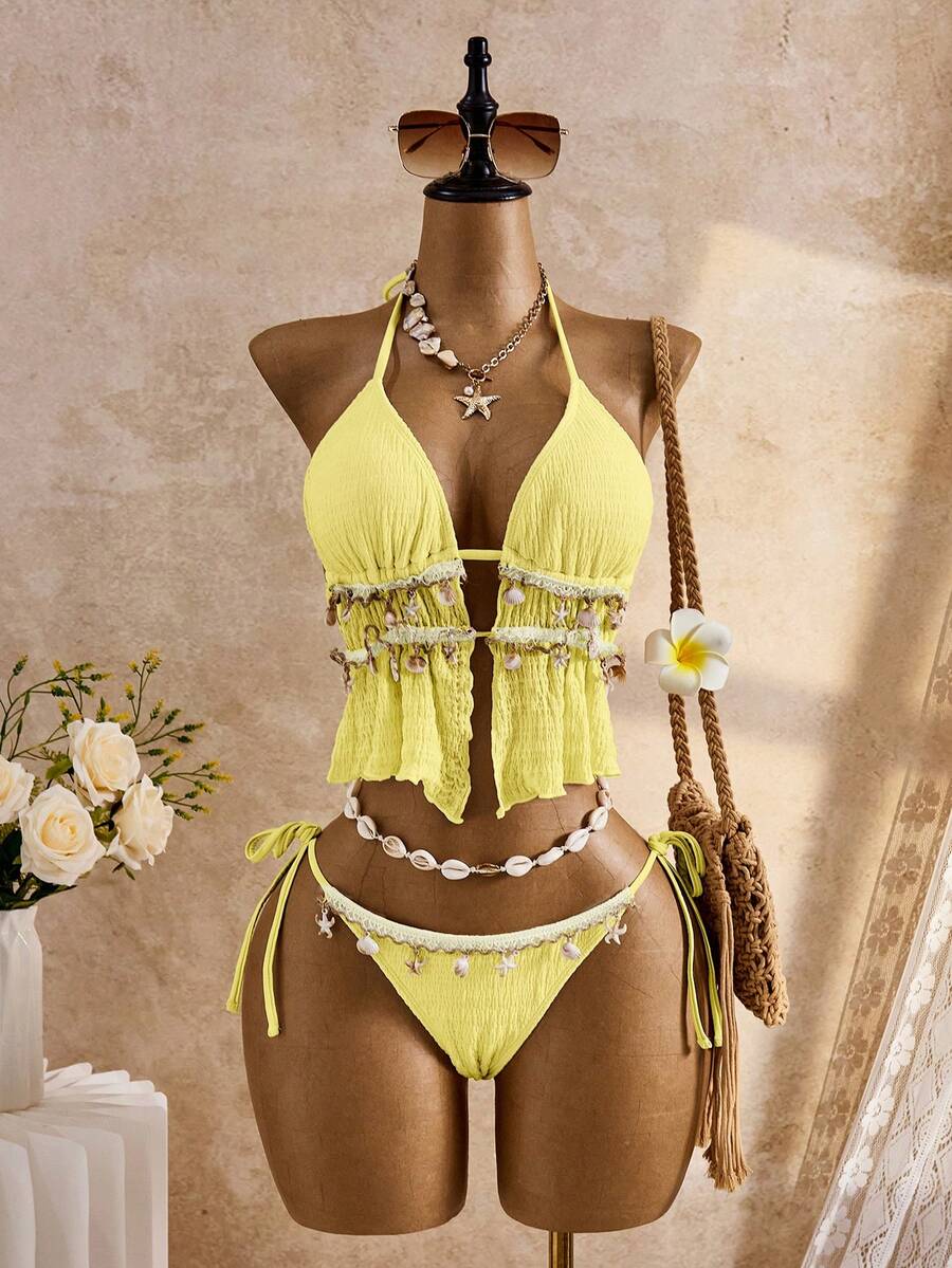 Bellisia Bộ áo croptop và tankini họa tiết jacquard họa tiết vỏ sò, thích hợp cho kỳ nghỉ hè/xuân, 26SS. - Màu vàng - Xem 1